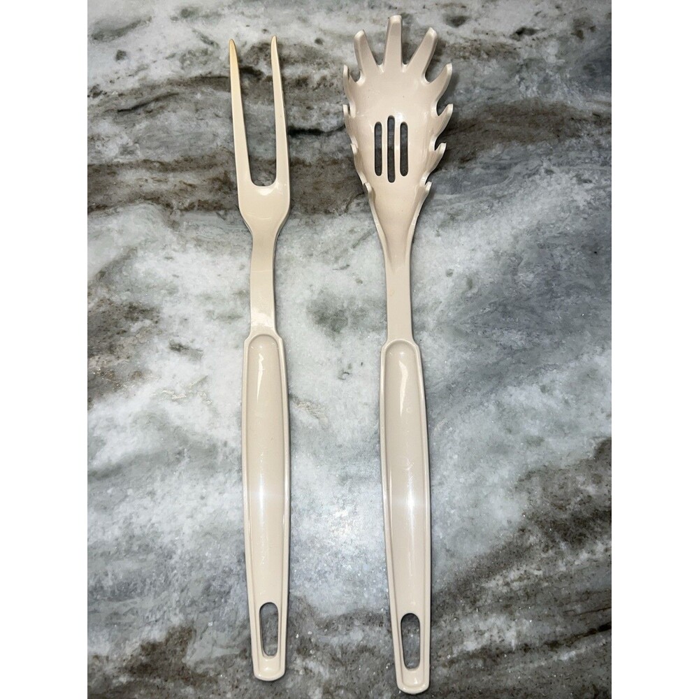 Vintage EKCO Pasta Fork Slotted Spoon 11” Beige Nylon  & Bonus Meat Fork Utensil